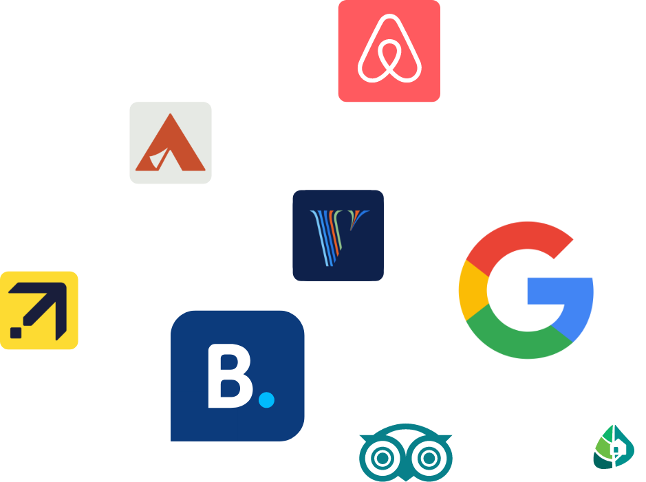 A bunch of OTA logos are sitting on top of each other on a white background: Airbnb, Hipcamp, Vrbo, Expedia, Google, etc.