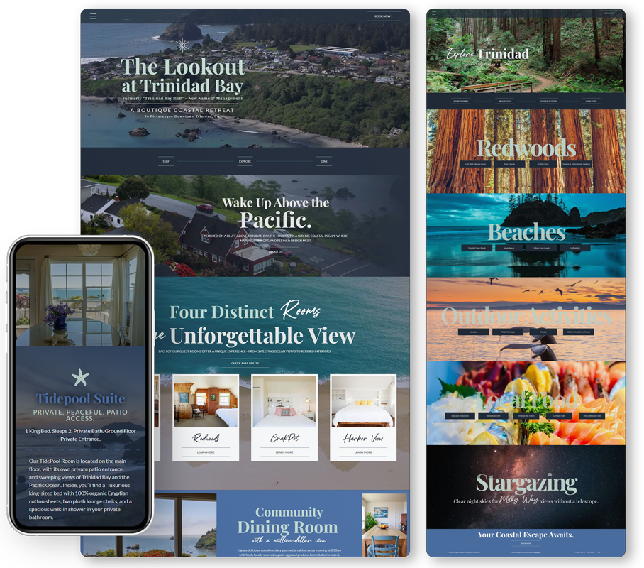Website preview of Lookout at Trinidad Bay showing a coastal resort with views of beaches, redwoods, and the night sky.