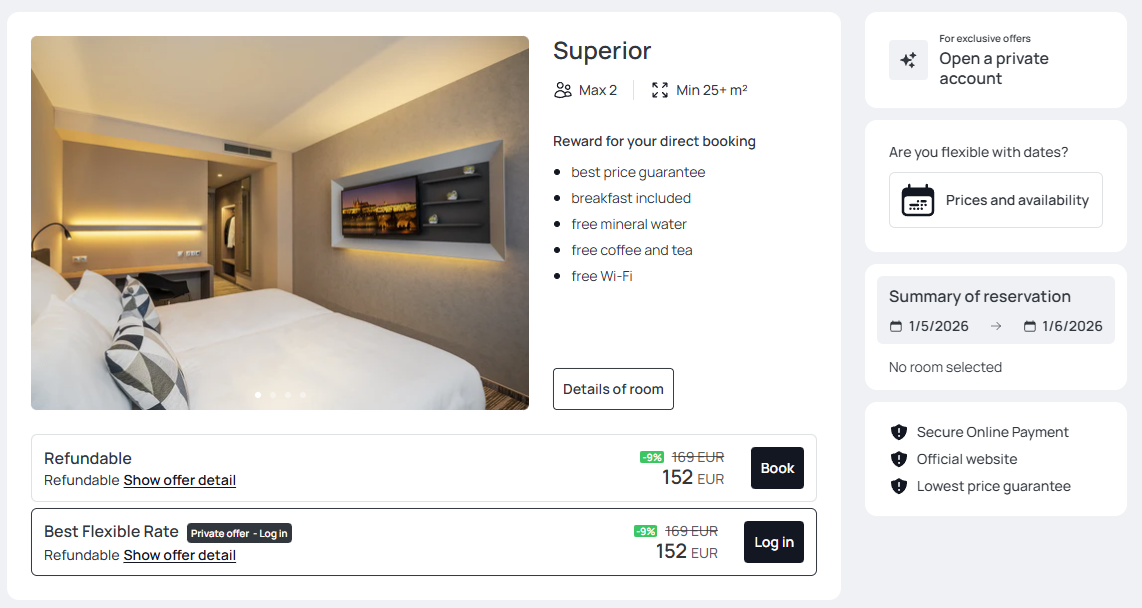 Hotel room listing with bed, TV, and price options.