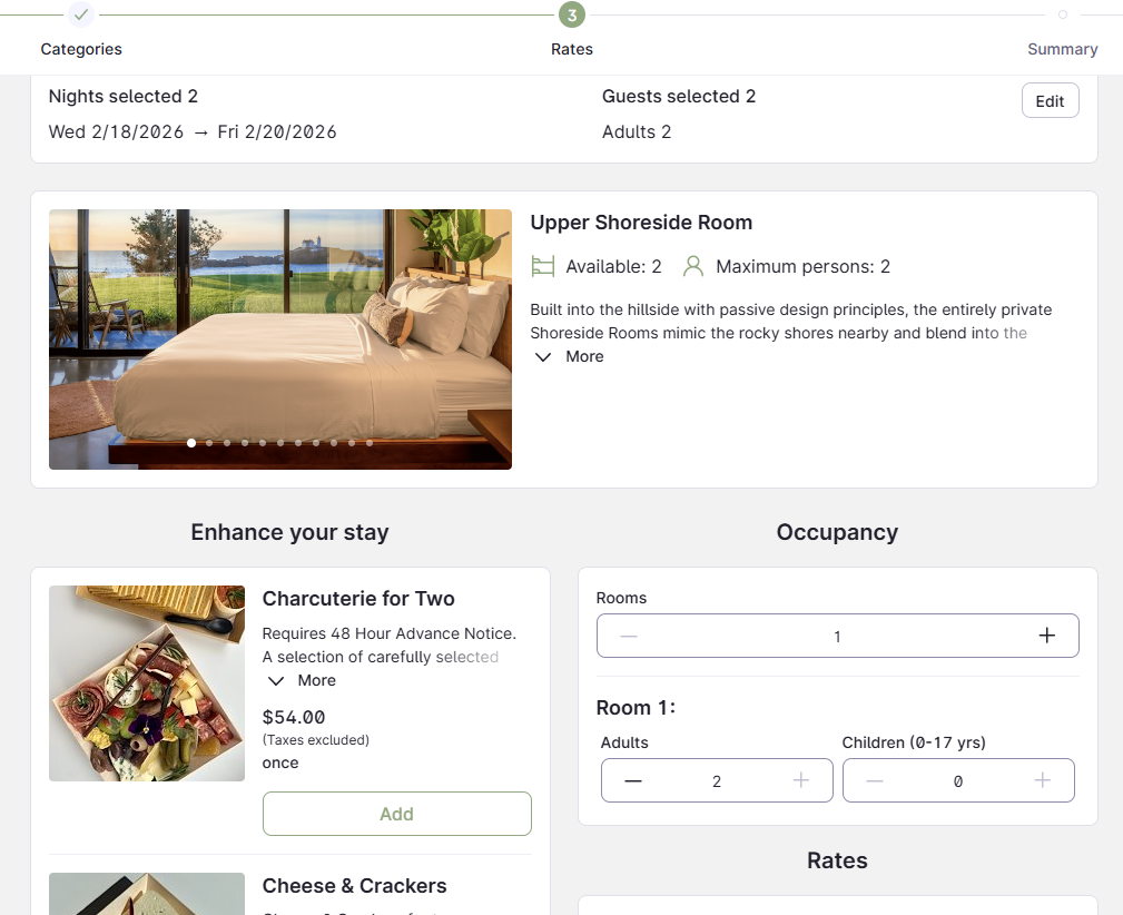 Webpage layout showing a hotel room listing with photos, descriptions, and pricing information.