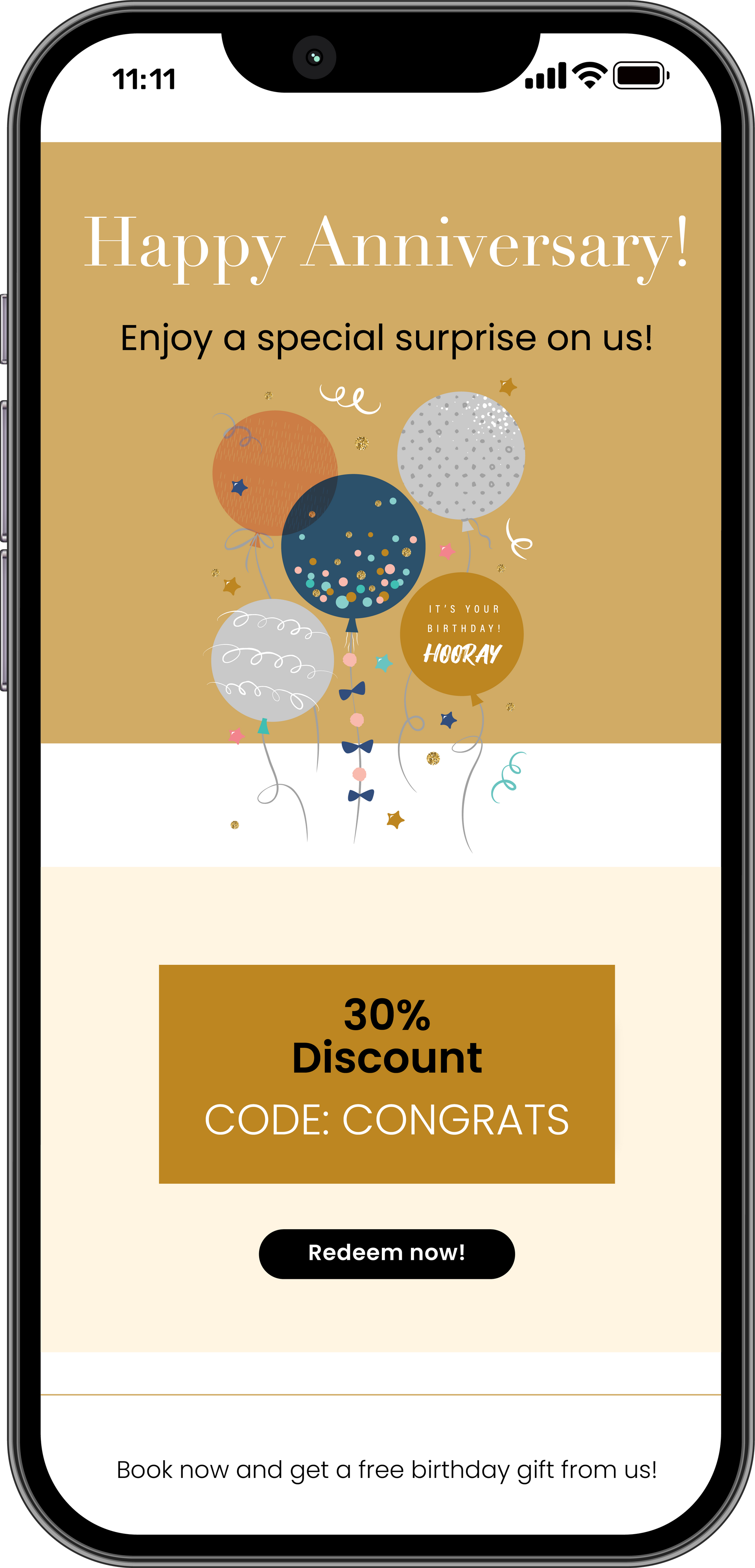 A cell phone with a happy anniversary email on it.