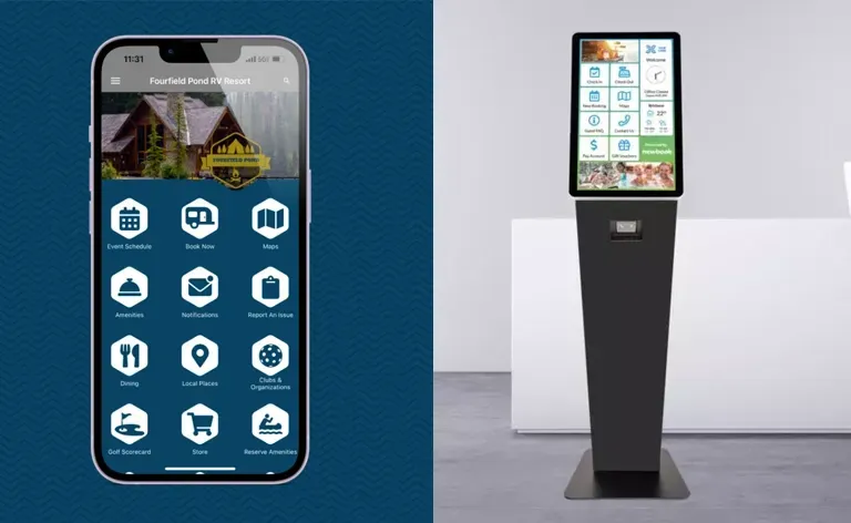 A cell phone is displayed next to a kiosk.