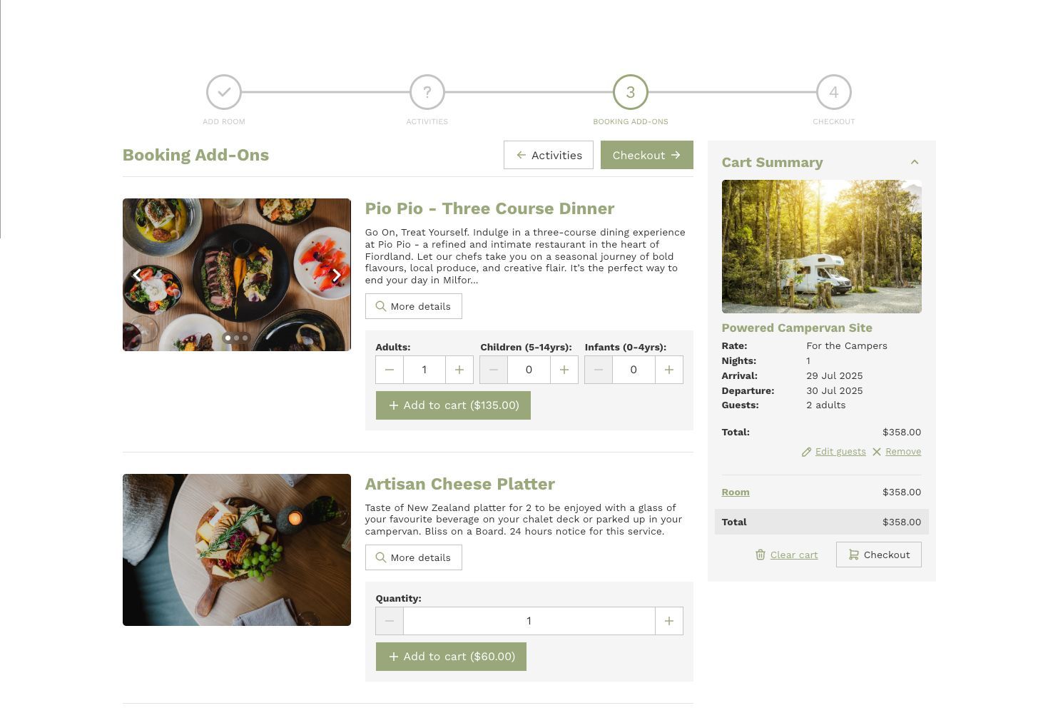 A screenshot of a website with a picture of food and a picture of a rv.