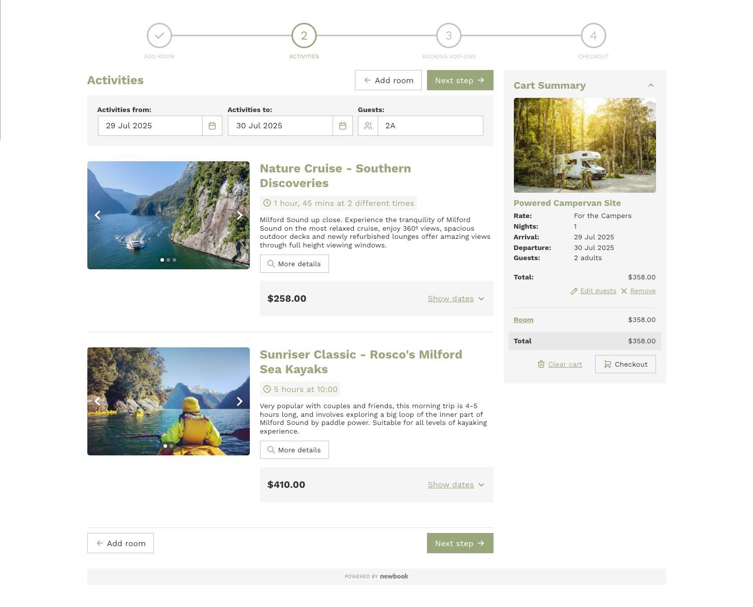 A screenshot of a website showing a kayak and a camper.