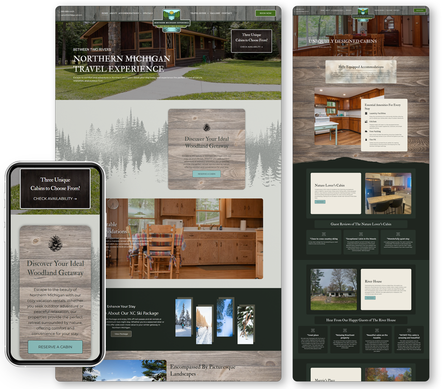 Website preview for Northern Michigan Travel Experience on a desktop, tablet, and mobile.