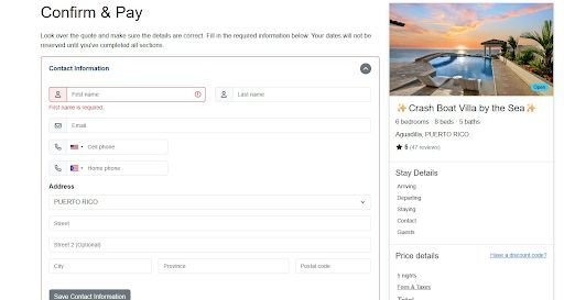 Screenshot of an online form to confirm and pay for a beach villa, with personal information fields.