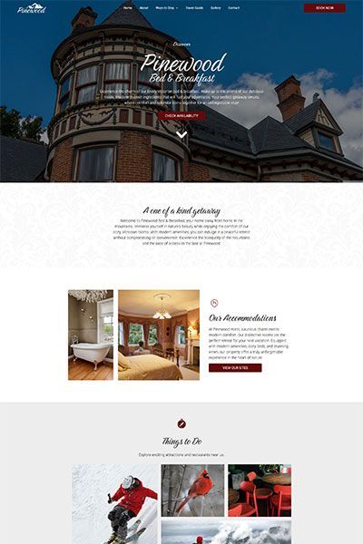 A screenshot of a hotel website showing a living room , bedroom , and lake.