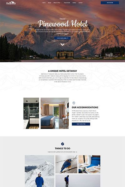 A screenshot of a hotel website showing a hotel room and a lake.