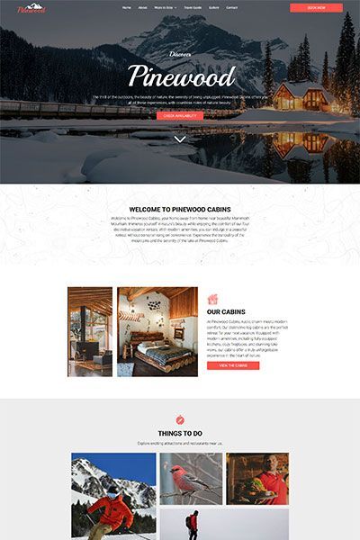 A screenshot of a cabin website showing a mountain, cabin and lake.
