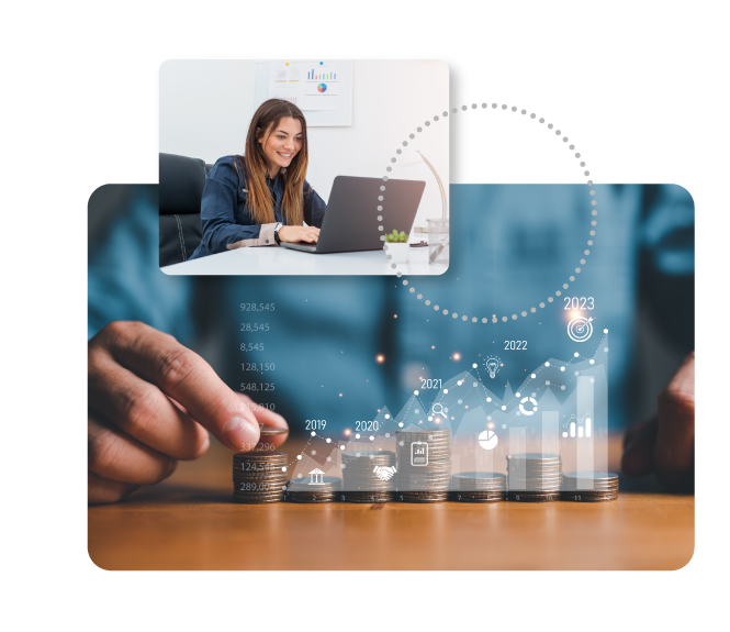 Woman on laptop, inset above hands stacking coins, financial growth chart overlay.