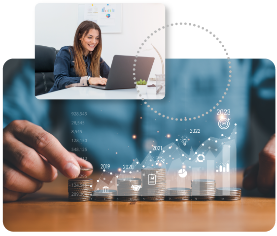 Woman on laptop, inset above hands stacking coins, financial growth chart overlay.