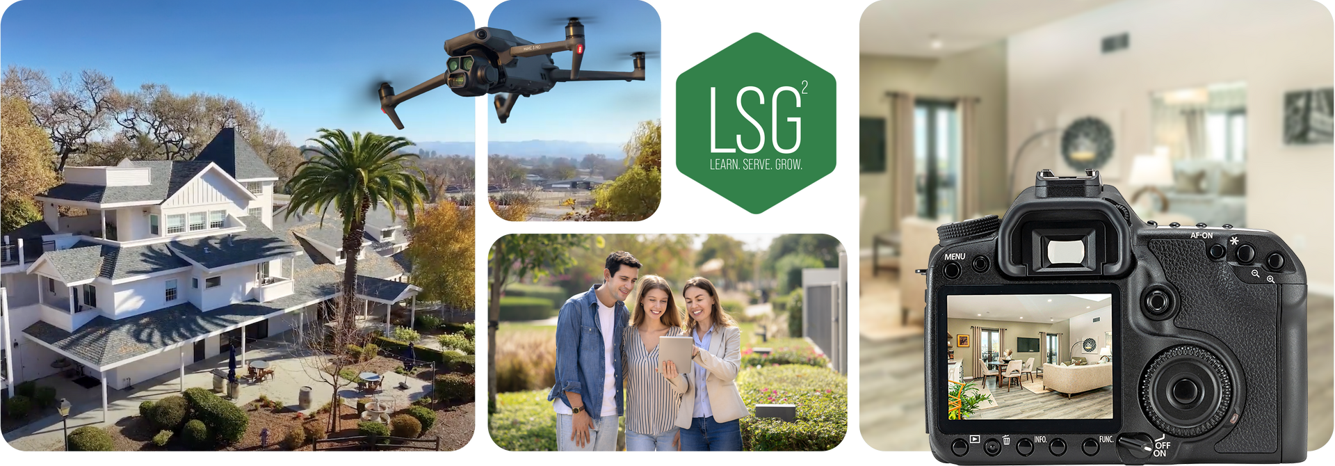 Real estate services: drone view of a house, couple, logo, camera and interior shot.