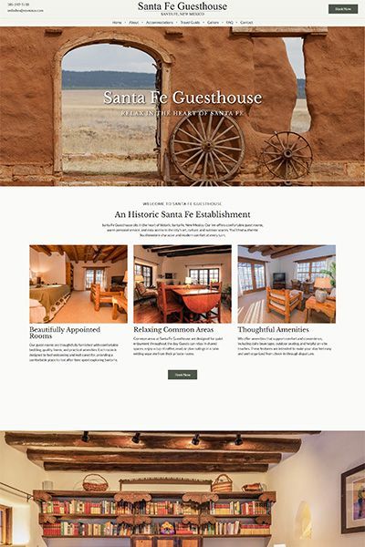 Santa Fe Guesthouse website homepage showcasing rooms with Southwestern design elements.