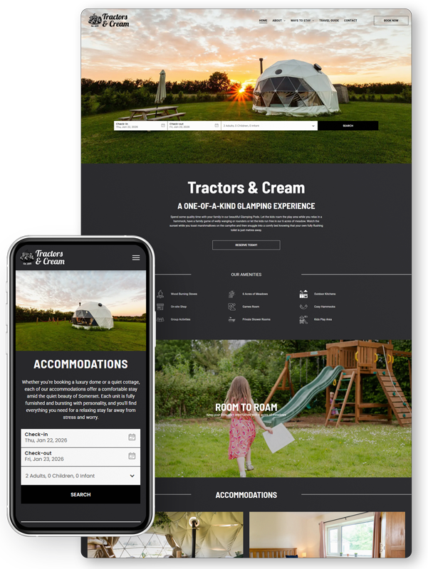 Website design for "Tractors & Cream" glamping site, showcasing accommodations and experiences.