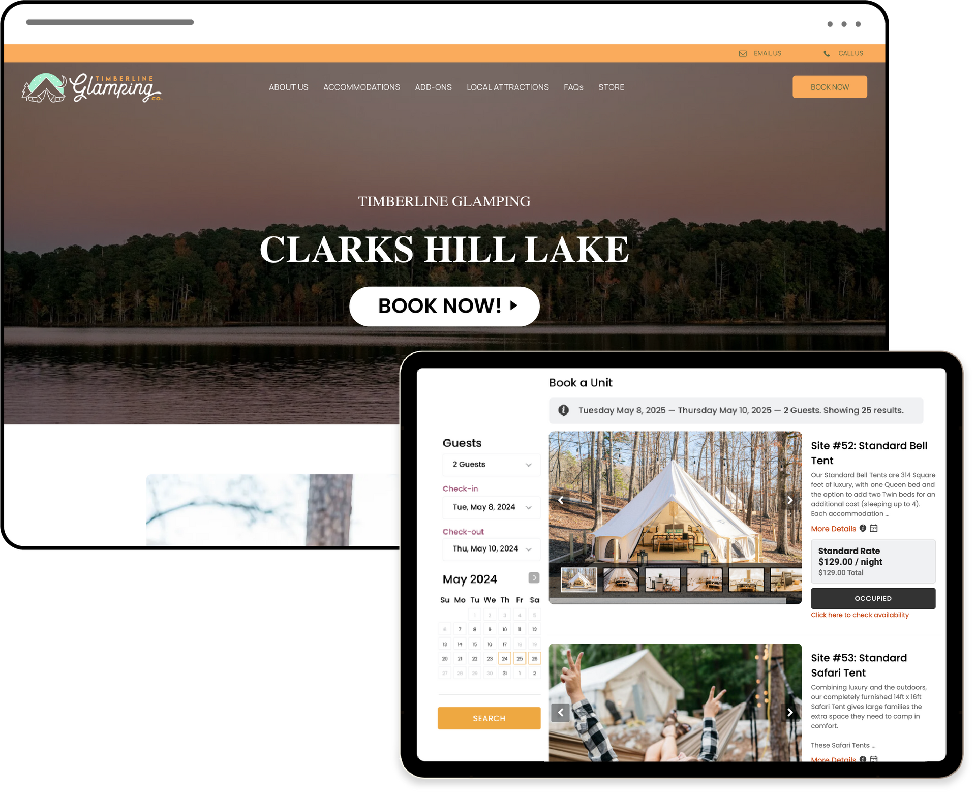 A tablet and a computer screen showing a website for clarks hill lake.