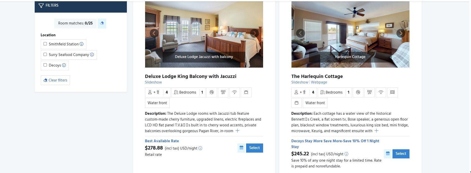 Two hotel room options with pricing and descriptions displayed on a search results page.