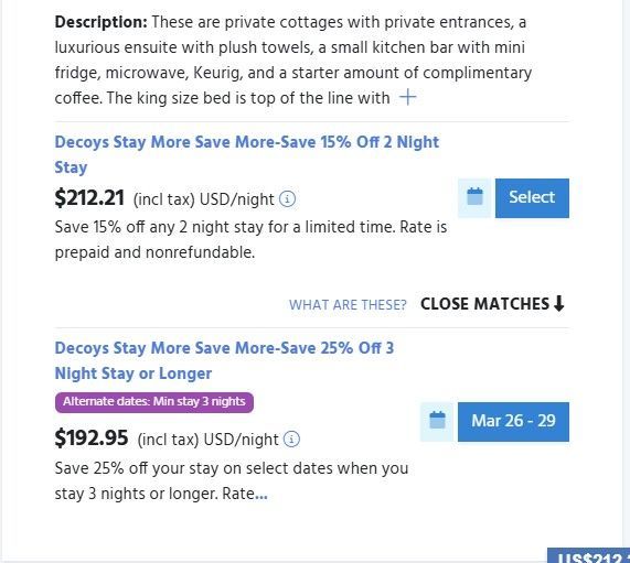 A list of hotel booking options with prices, stay requirements, and rate descriptions for private cottages.