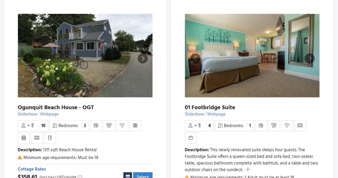 Two vacation rental listings shown side-by-side: a blue beach house with a garden and a teal bedroom suite with a bed.