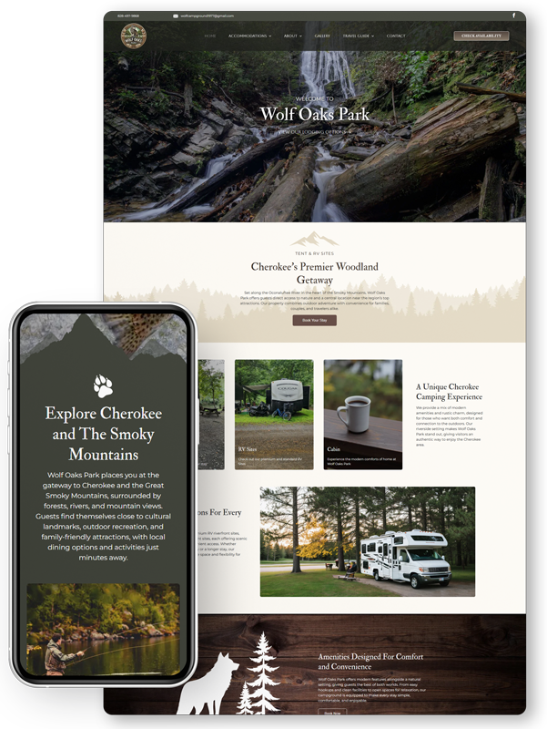 Website showcasing Wolf Oaks Park on desktop and mobile