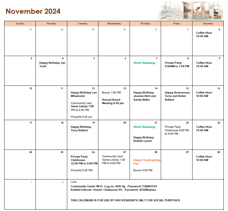 Huntington Harbour Village HOA monthly calendar