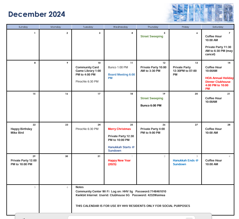 Huntington Harbour Village HOA monthly calendar