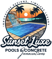Sunset Luxe Pools & Concrete Innovations logo with sunset, palm trees, and blue swimming pool.