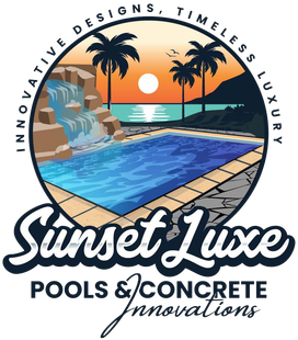 Sunset Luxe Pools & Concrete Innovations logo with sunset, palm trees, and blue swimming pool.