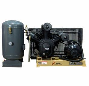 Compresor de aire industrial con motor negro, tanque gris y base amarilla.