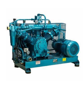 Compresor de aire industrial azul sobre base metálica, con motor y tuberías acoplados.