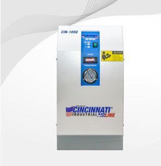 Unidad compresora de aire Cincinnati Industrial Air Line CIN-1050, gabinete blanco con manómetro y panel de control.