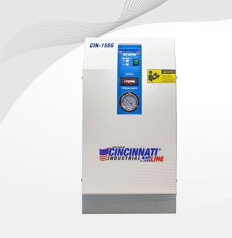 Unidad de línea de aire industrial CINCINNATI blanca con manómetro, botones y etiqueta de advertencia.