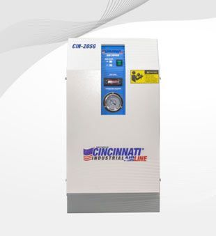 Secador de aire industrial blanco con pantalla azul y negra, logotipo de Cincinnati Industrial Air.