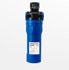 Filtro de aire azul con parte superior y manómetro negros, etiqueta blanca, sobre fondo blanco.