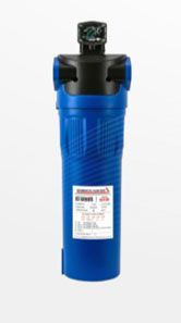 Filtro de aire azul con parte superior y manómetro negros.