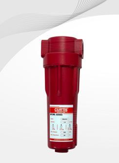 Filtro de aire Curtis rojo con etiqueta blanca sobre fondo gris.