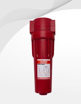 Filtro de aire cilíndrico rojo con etiqueta.