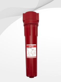 Filtro industrial rojo con etiqueta.