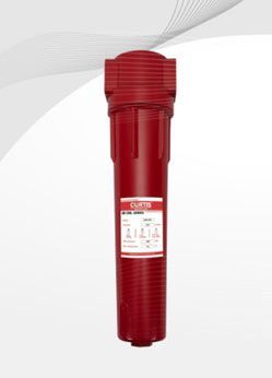 Filtro de agua rojo. Vertical, cilíndrico, con etiqueta.