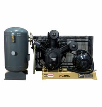 Compresor de aire, tanque gris oscuro, cabezal de compresor negro, base beige, entorno industrial.