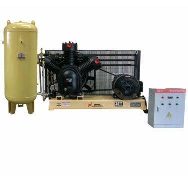 Compresor de aire industrial amarillo con tanque y panel de control.