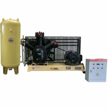 Sistema de compresor de aire con tanque vertical, motor y panel de control.