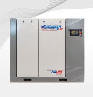 Unidad compresora de aire industrial con el logotipo de Cincinnati Industrial Airline y panel de control.