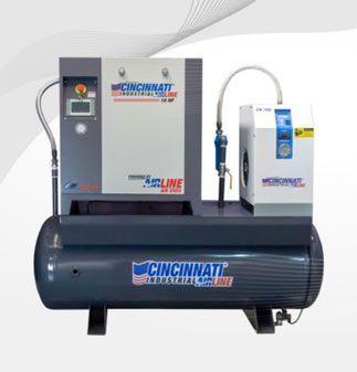 Sistema de compresor de aire Cincinnati Industrial Air Line. Gris y azul, con tanque y panel de control.