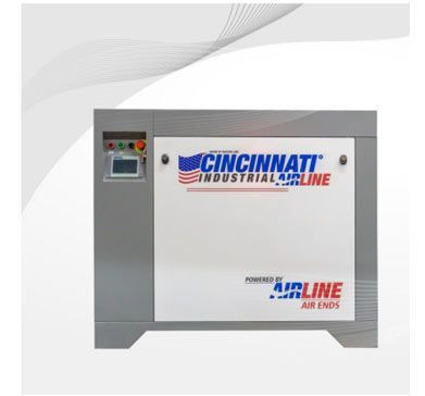 Compresor de aire Cincinnati Industrial Airline. Gabinete gris, panel frontal blanco con logotipo, panel de control lateral.