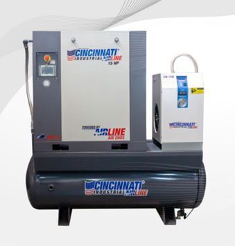 Compresor de aire Cincinnati Industrial Air de 15 HP, gris, blanco y azul.