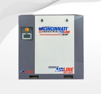 Compresor de aire Cincinnati Industrial Airline de 20 HP, gabinete gris y blanco, panel de control.
