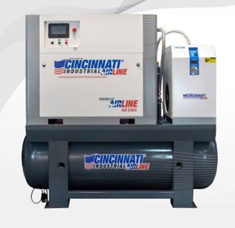 Compresor de aire Cincinnati Industrial Airline. Máquina gris y blanca con logotipo azul, sobre un tanque gris oscuro.