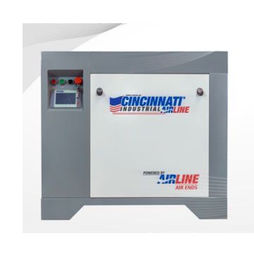 Compresor de aire gris con panel blanco, logotipo de 