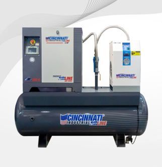Sistema de compresor de aire Cincinnati Industrial AirLine. Gris y azul, montado sobre un tanque.
