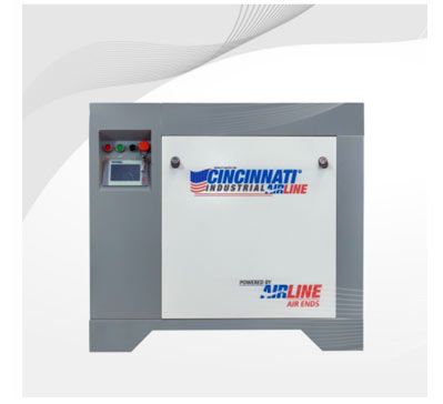 Compresor de aire industrial gris con panel blanco, logotipo 